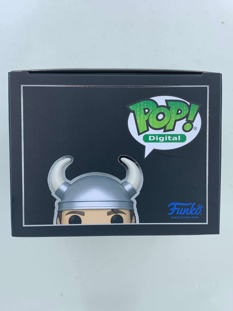 Exclusive Dustin Stranger Things Funko Pop NFT Digital Collectible figurine, limited to 3000 pieces, featuring a Viking-inspired helmet design, displayed in a protective black frame.