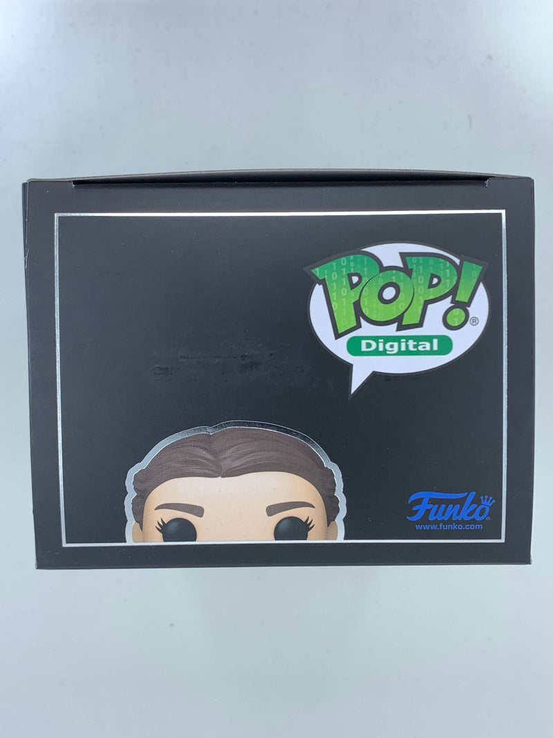 Arya Stark from Game of Thrones NFT Digital Funko Pop! figurine, limited edition with 2700 pieces, displayed in a black and green Pop! Digital packaging.