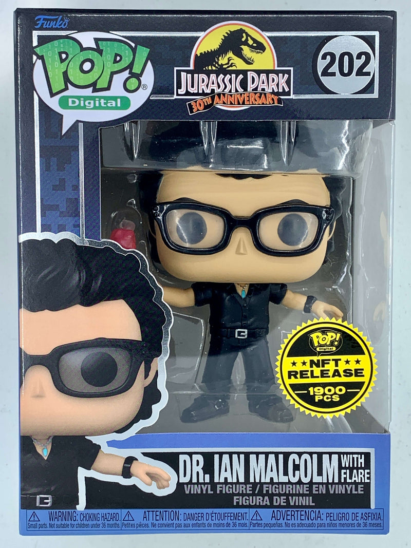 Collectible figure of Dr. Ian Malcolm from Jurassic Park with iconic glasses and flare, Limited Edition 1900 pieces, NFT Digital Funko Pop! 202