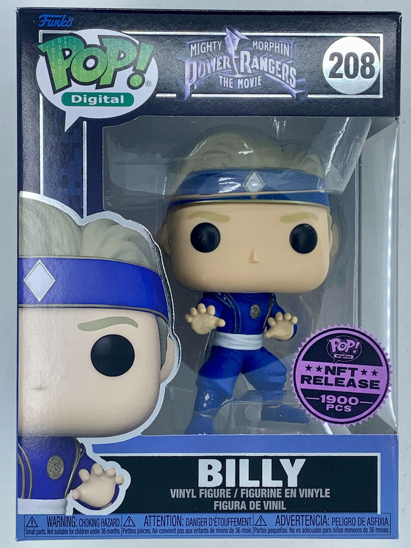 Collectible digital Funko Pop! figure of Billy, the Blue Power Ranger, in his iconic superhero costume. Limited edition with 1,900 pieces, this NFT Digital character captures the excitement of the Mighty Morphin Power Rangers franchise.
