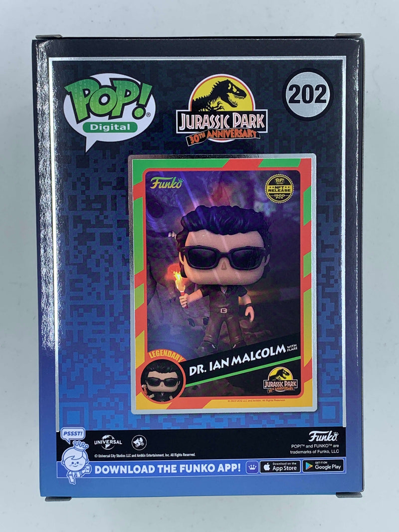 NFT Digital Dr Ian Malcolm with flare Jurassic Park Limited Edition Funko Pop! 202 action figure in display case