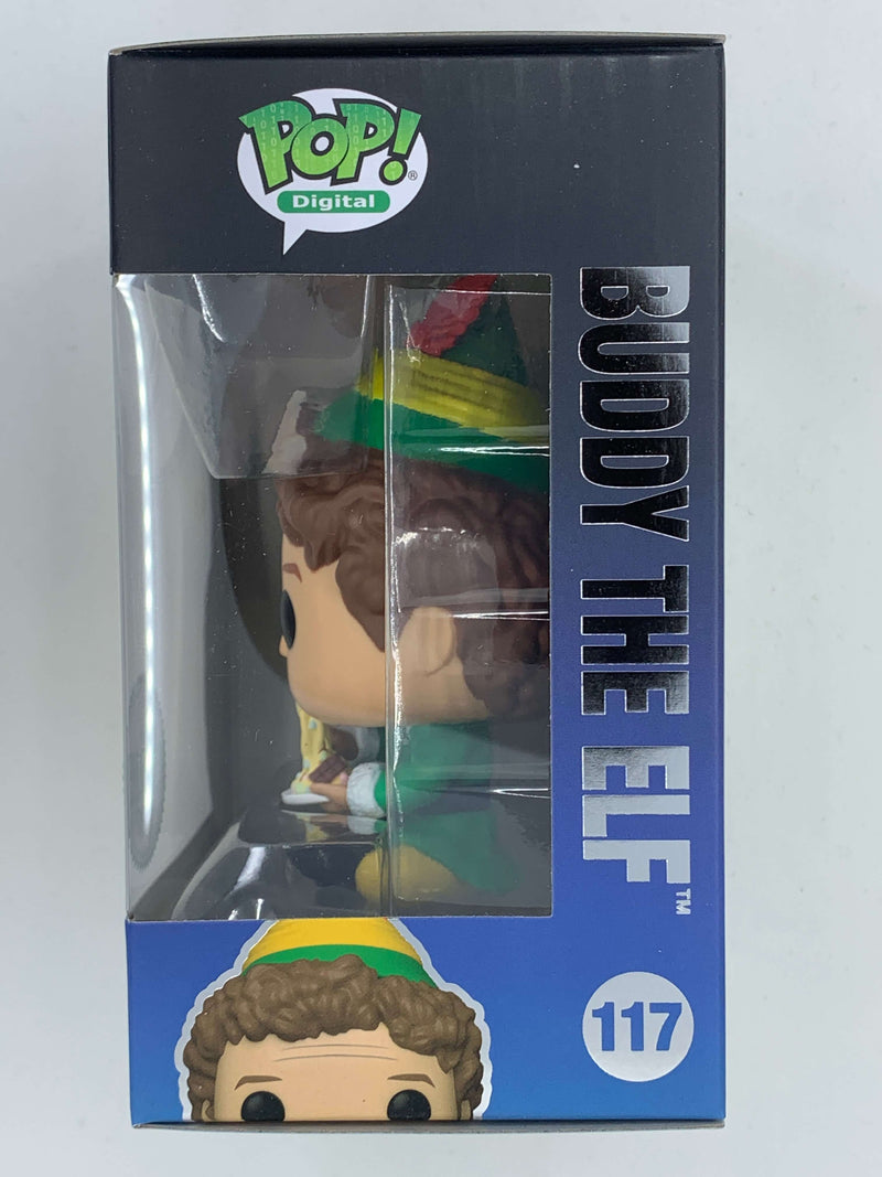 Detailed digital NFT Funko Pop figure of Buddy the Elf, a beloved movie character, displayed in a clear protective case against a white background.