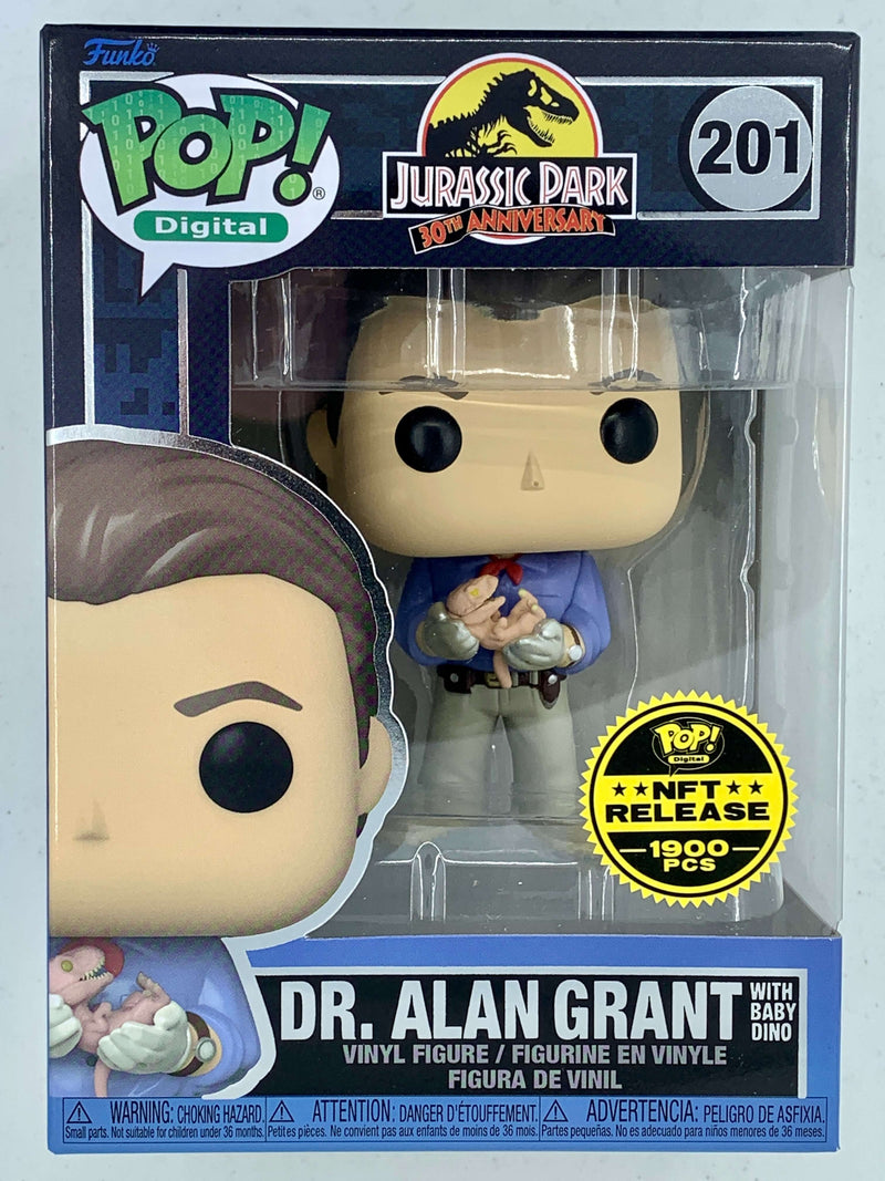 Dr. Alan Grant with Baby Dino, a limited edition Jurassic Park NFT Digital Funko Pop! figure featuring the iconic paleontologist and a baby dinosaur in a detailed vinyl display.