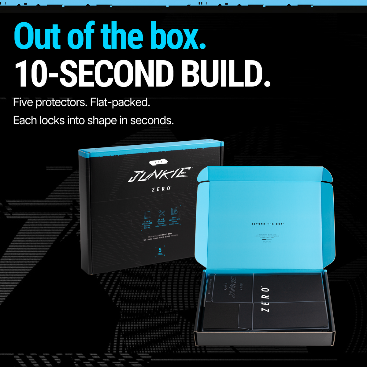 POP JUNKIE ZERO five flat-packed protectors with retail packaging, designed to assemble in seconds