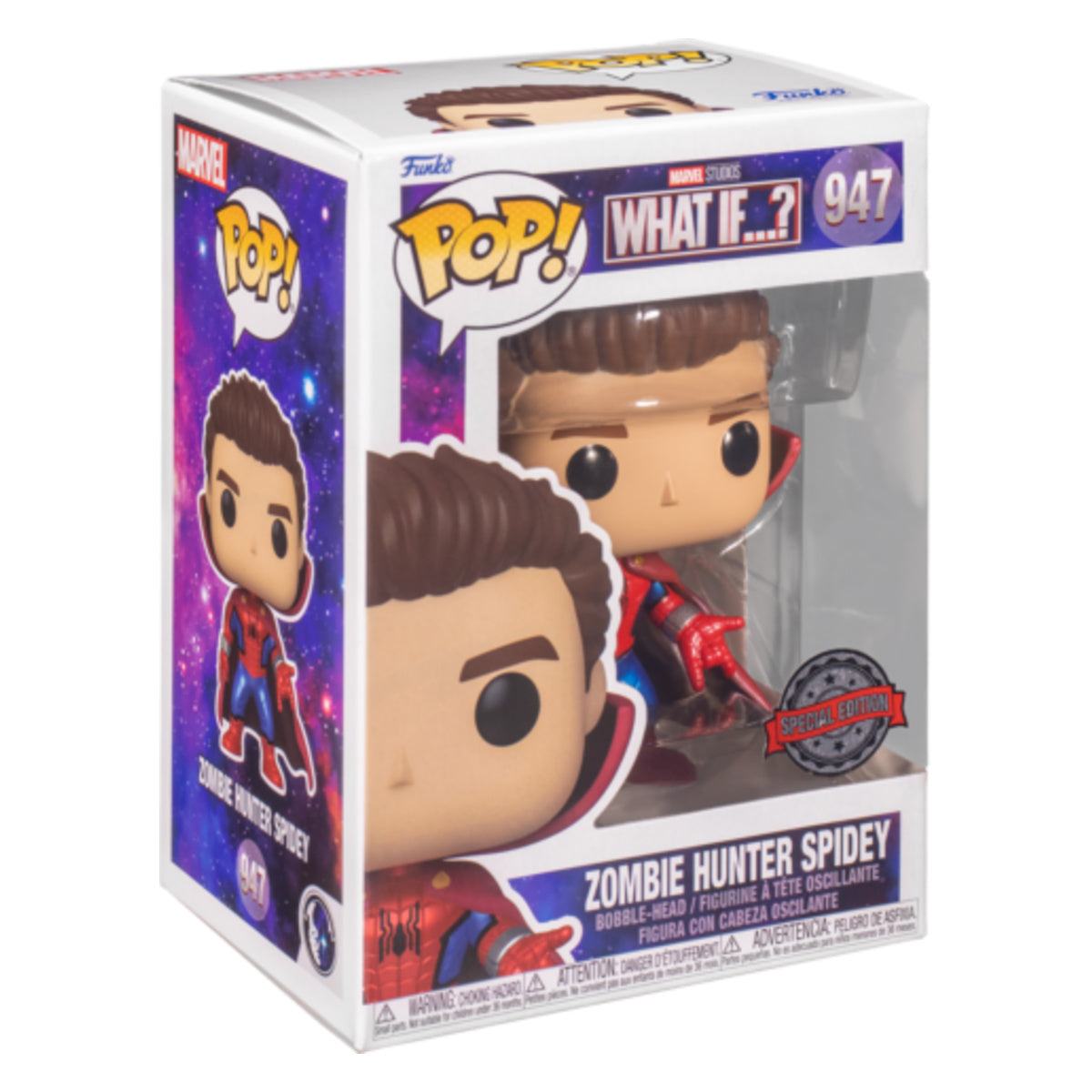 Funko Pop Zombie Hunter Spidey Unmasked #947 – What If...? boxed