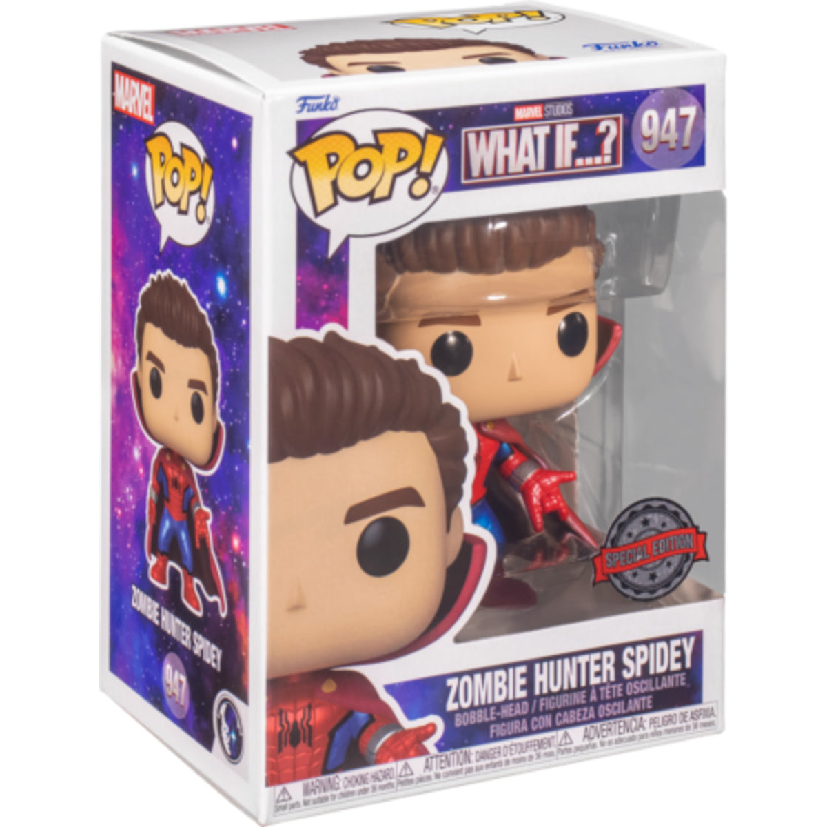 Funko Pop Zombie Hunter Spidey Unmasked #947 – What If...? boxed